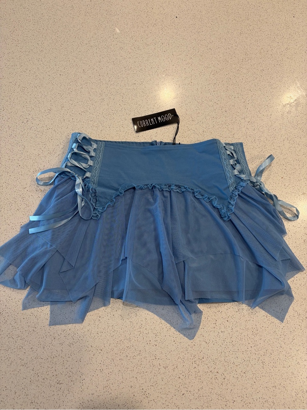 Current Mood Powder Blue Lace-Up Tulle Mini Skirt